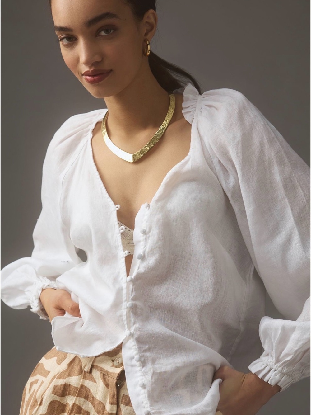 Maeve White Linen Button-Up Blouse